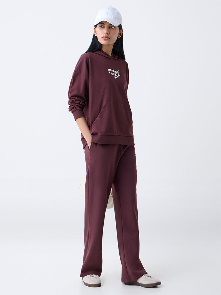 Westside Studiofit Women's Dark Brown Typographic Cotton Hoodie for Winter Wear Full View