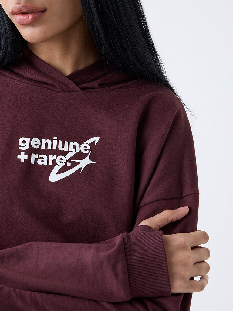 Westside Studiofit Women's Dark Brown Typographic Cotton Hoodie for Winter Wear Zoomed View