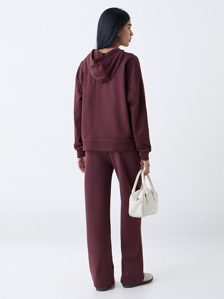 Westside Studiofit Women's Dark Brown Typographic Cotton Hoodie for Winter Wear Back View