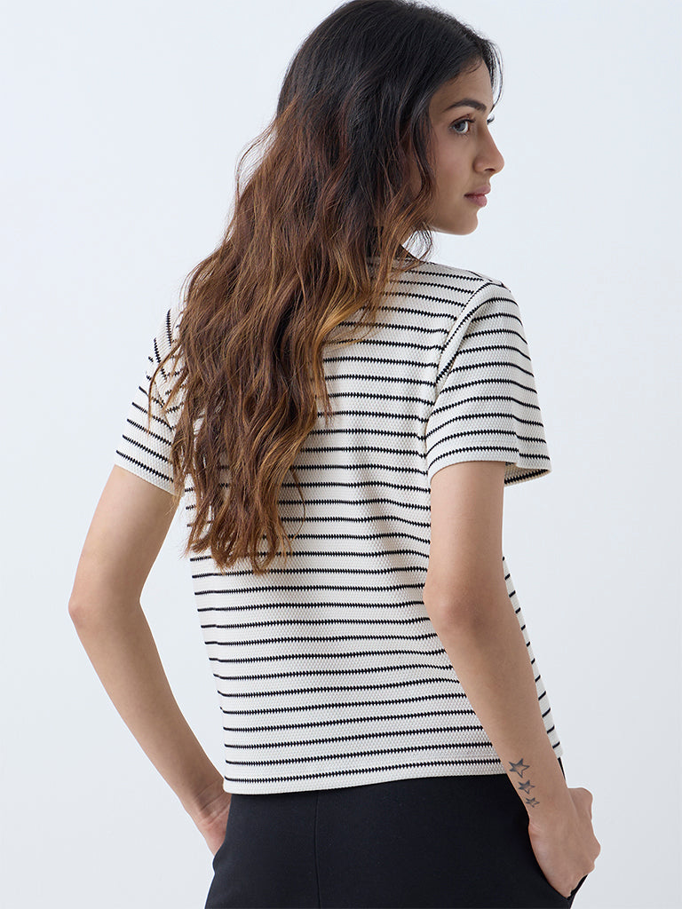 Westside Studiofit Women's White Striped Cotton-Blend T-Shirt for Sports Wear Back View