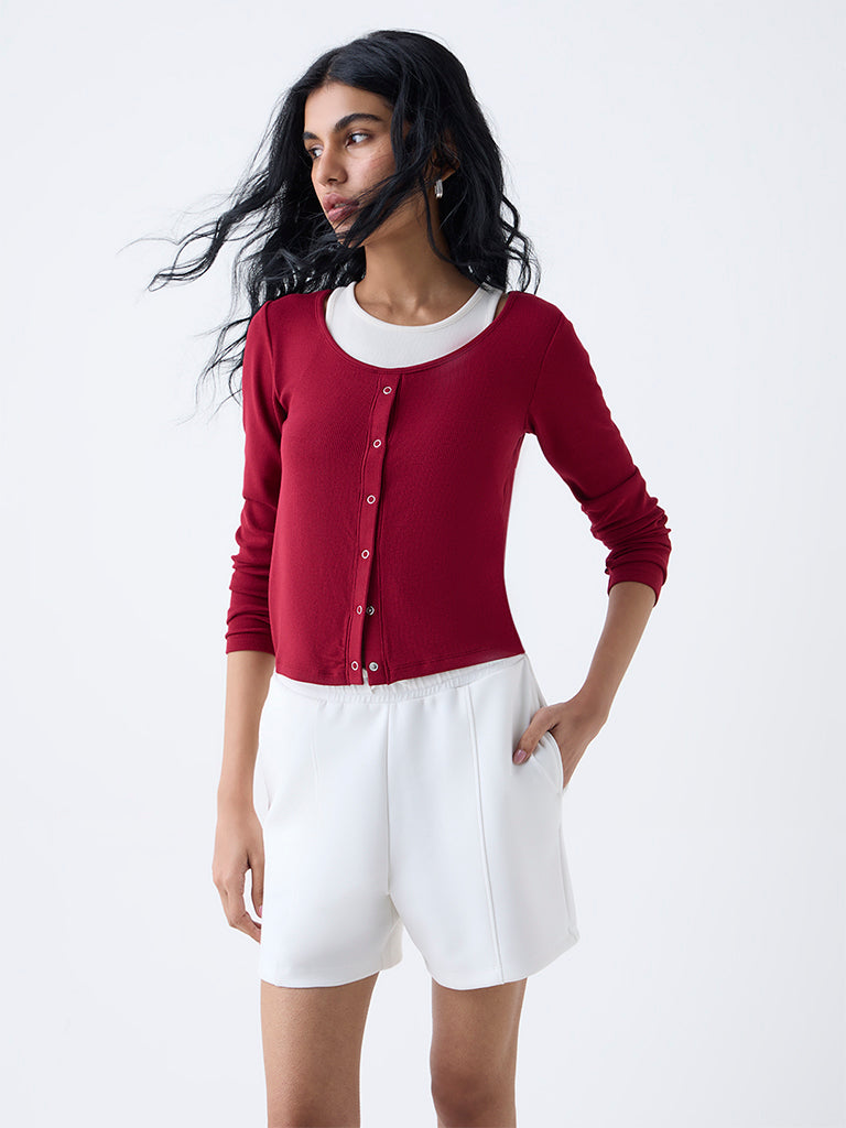 Studiofit Maroon Ribbed-Textured T-Shirt