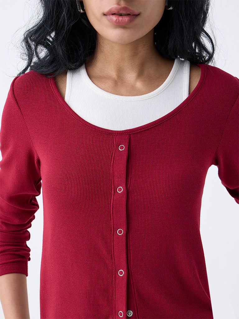 Studiofit Maroon Ribbed-Textured T-Shirt