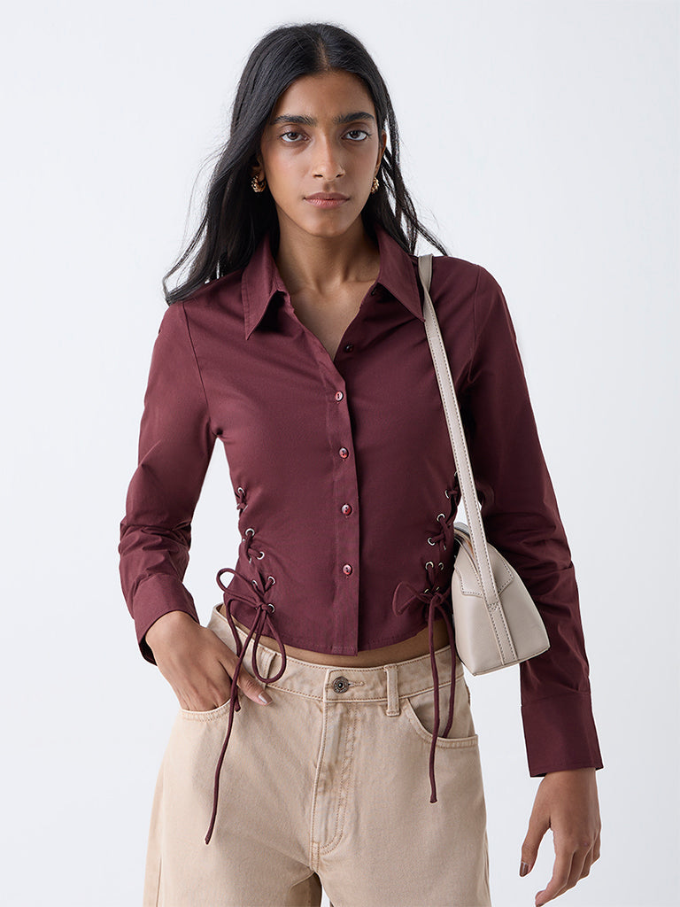 Buy Nuon Maroon Criss-Cross Detailed Cotton-Blend Shirt from Westside
