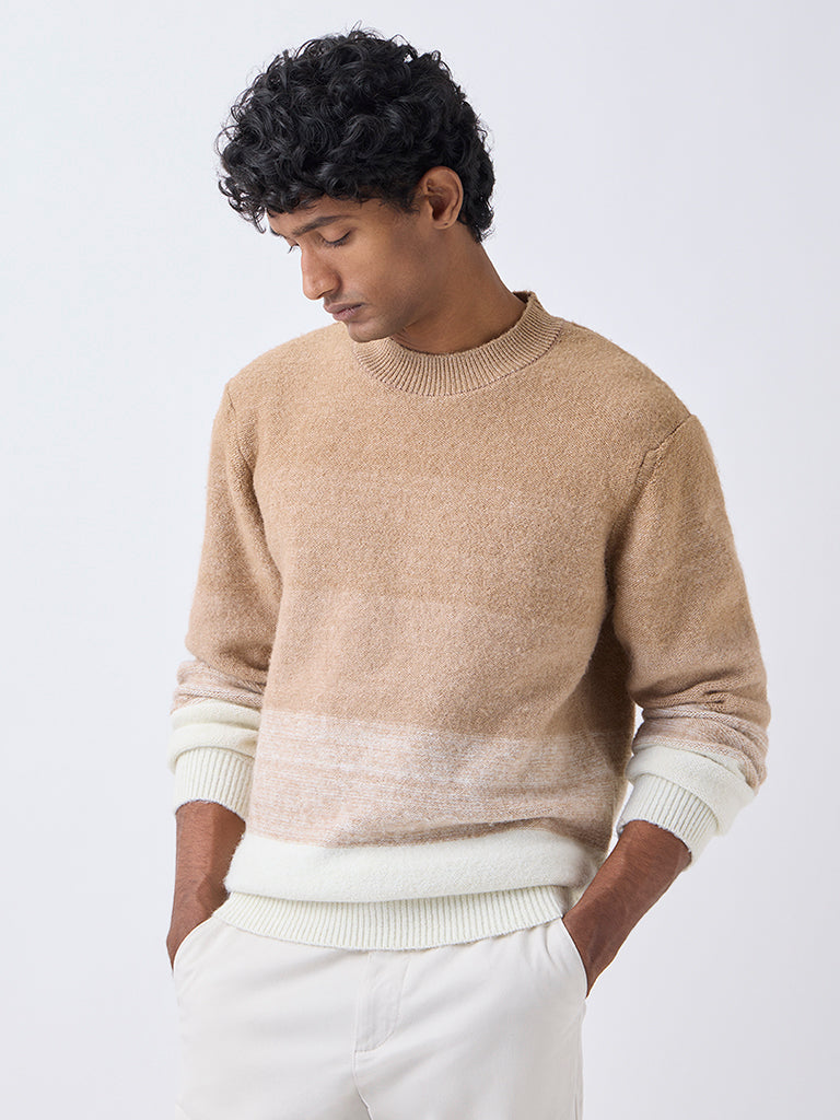 WES Casuals Beige Colour-Blocked Relaxed-Fit Sweater