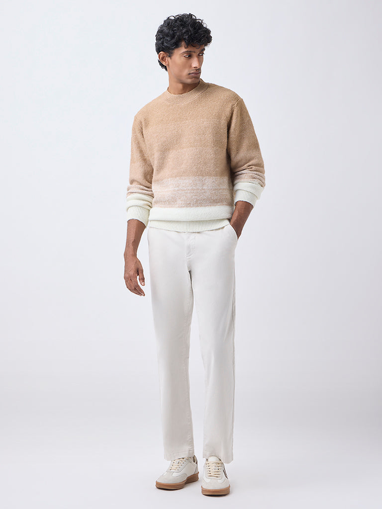 WES Casuals Beige Colour-Blocked Relaxed-Fit Sweater