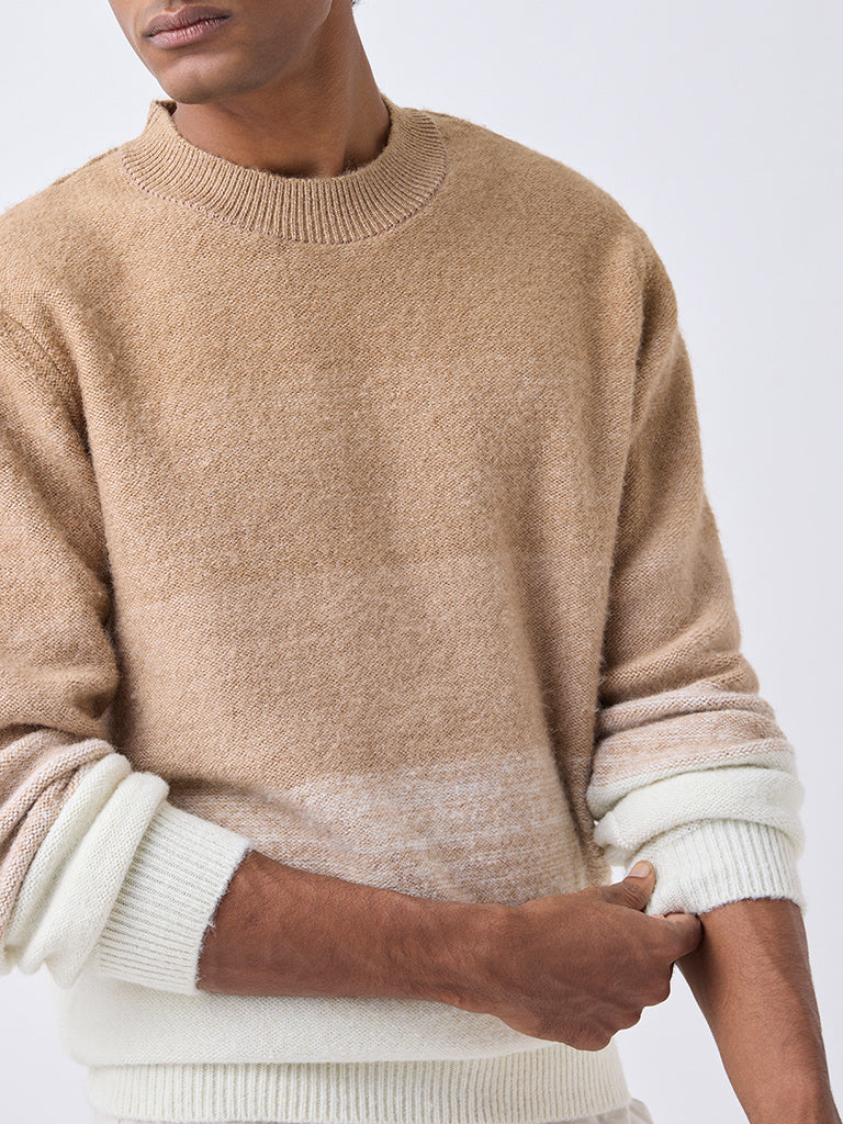WES Casuals Beige Colour-Blocked Relaxed-Fit Sweater
