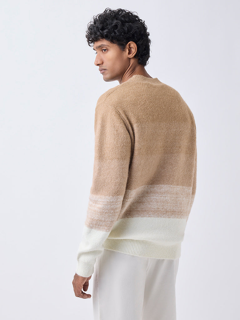 WES Casuals Beige Colour-Blocked Relaxed-Fit Sweater
