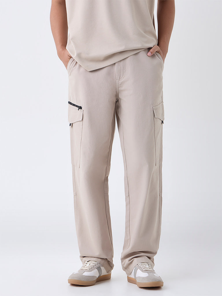 Nuon Beige Relaxed-Fit Mid-Rise Cotton Cargo Pants