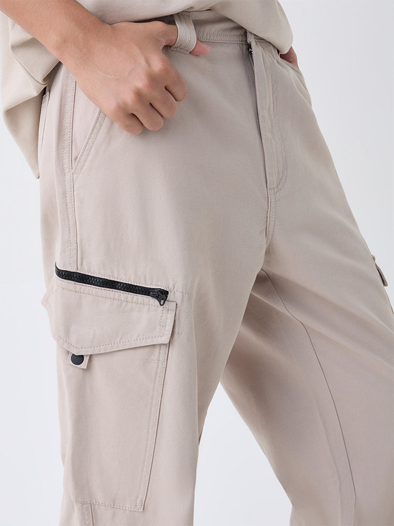 Nuon Beige Relaxed-Fit Mid-Rise Cotton Cargo Pants