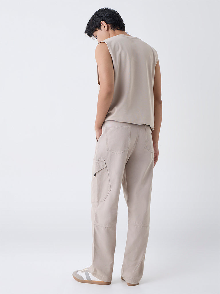 Nuon Beige Relaxed-Fit Mid-Rise Cotton Cargo Pants