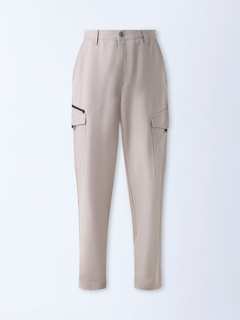 Nuon Beige Relaxed-Fit Mid-Rise Cotton Cargo Pants