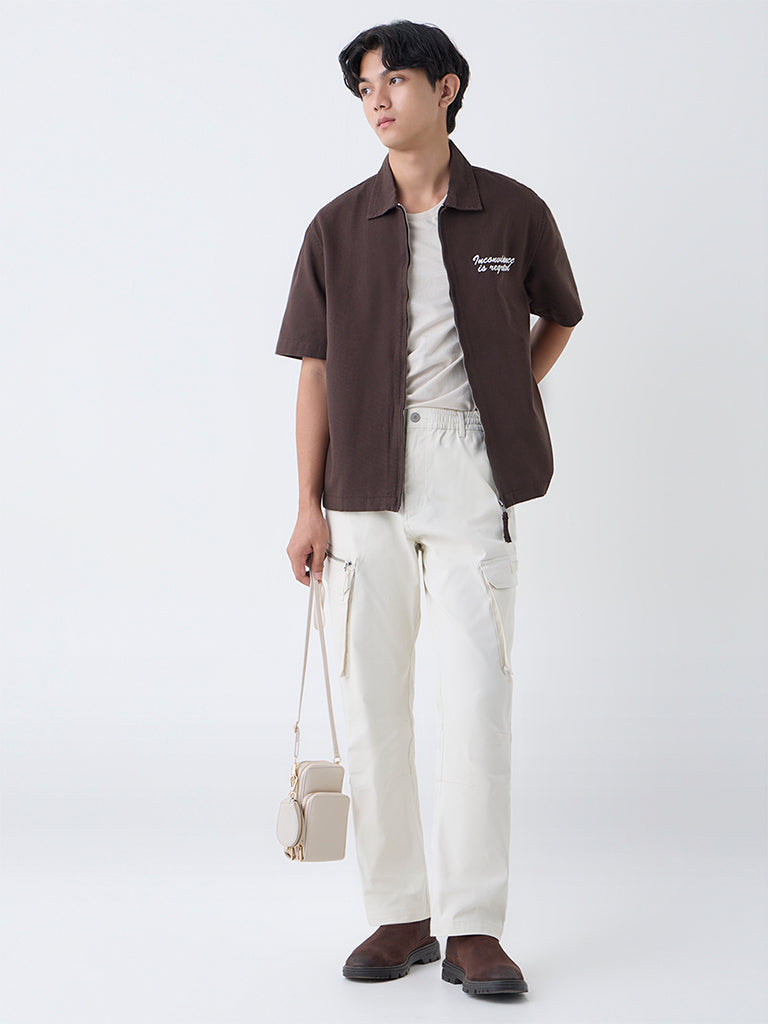 Buy Nuon Dark Brown Text Pattern Relaxed-Fit Cotton Shirt from