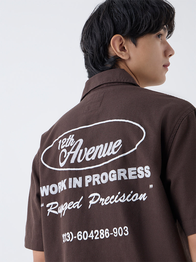 Nuon Dark Brown Text Pattern Relaxed-Fit Cotton Shirt