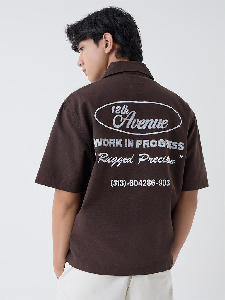 Nuon Dark Brown Text Pattern Relaxed-Fit Cotton Shirt