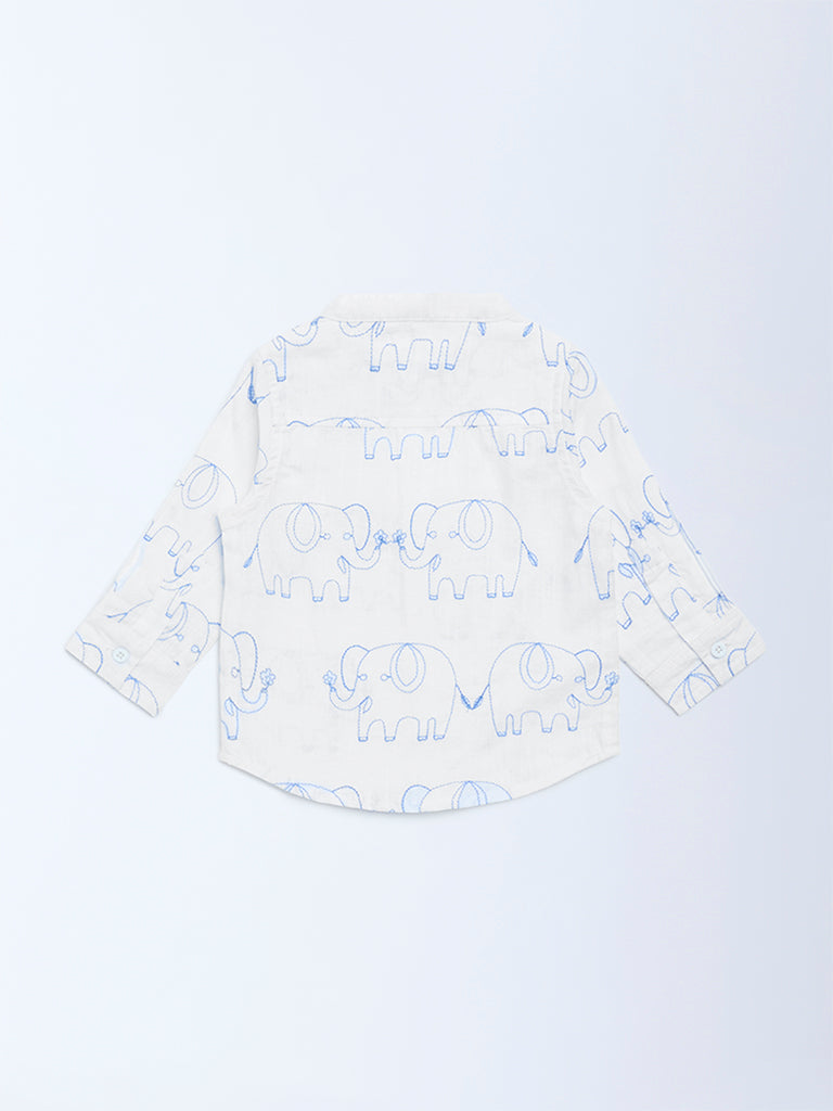 HOP Baby Boys White Animal Embroidered Cotton Shirt