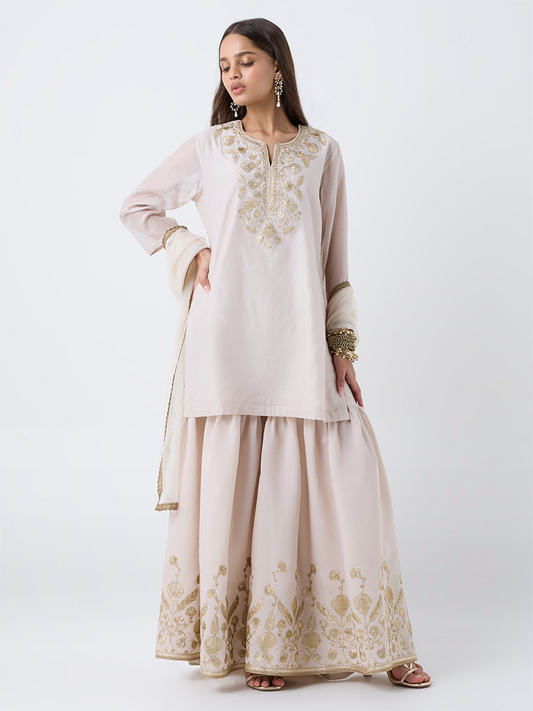 Vark Light Beige Embroidered A-Line Cotton-Blend Ethnic Set