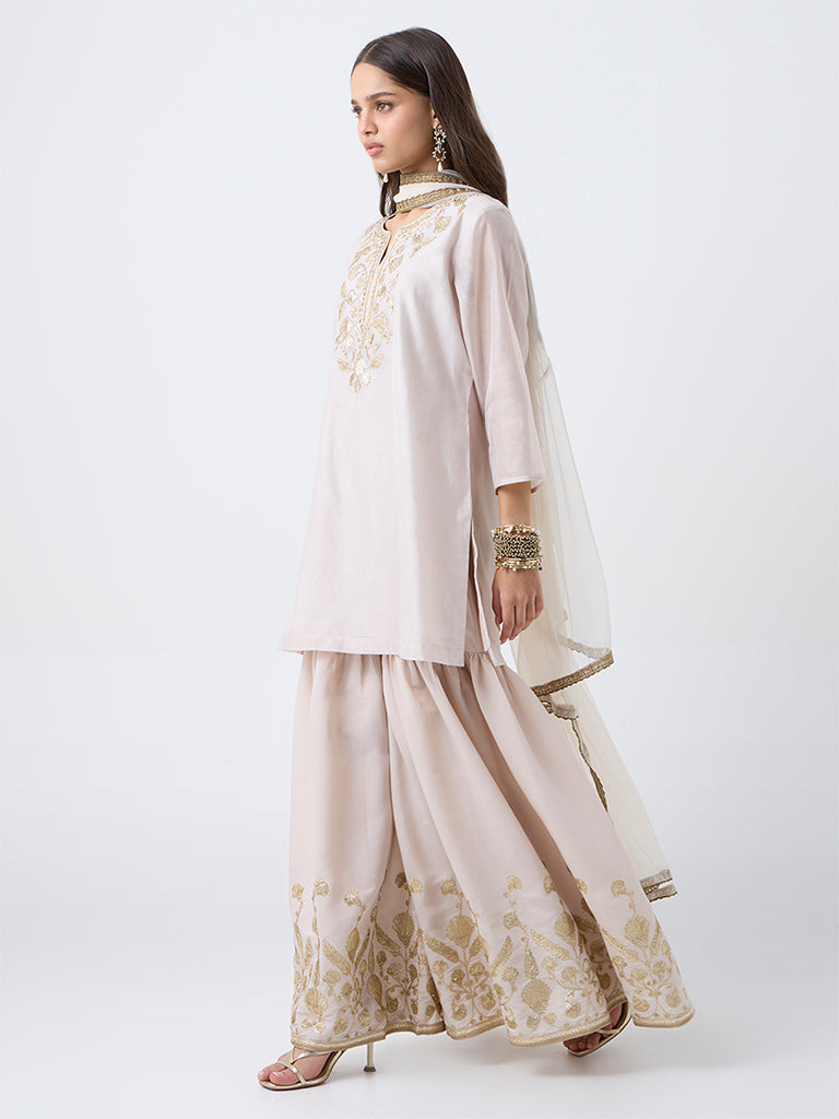 Vark Light Beige Embroidered A-Line Cotton-Blend Ethnic Set