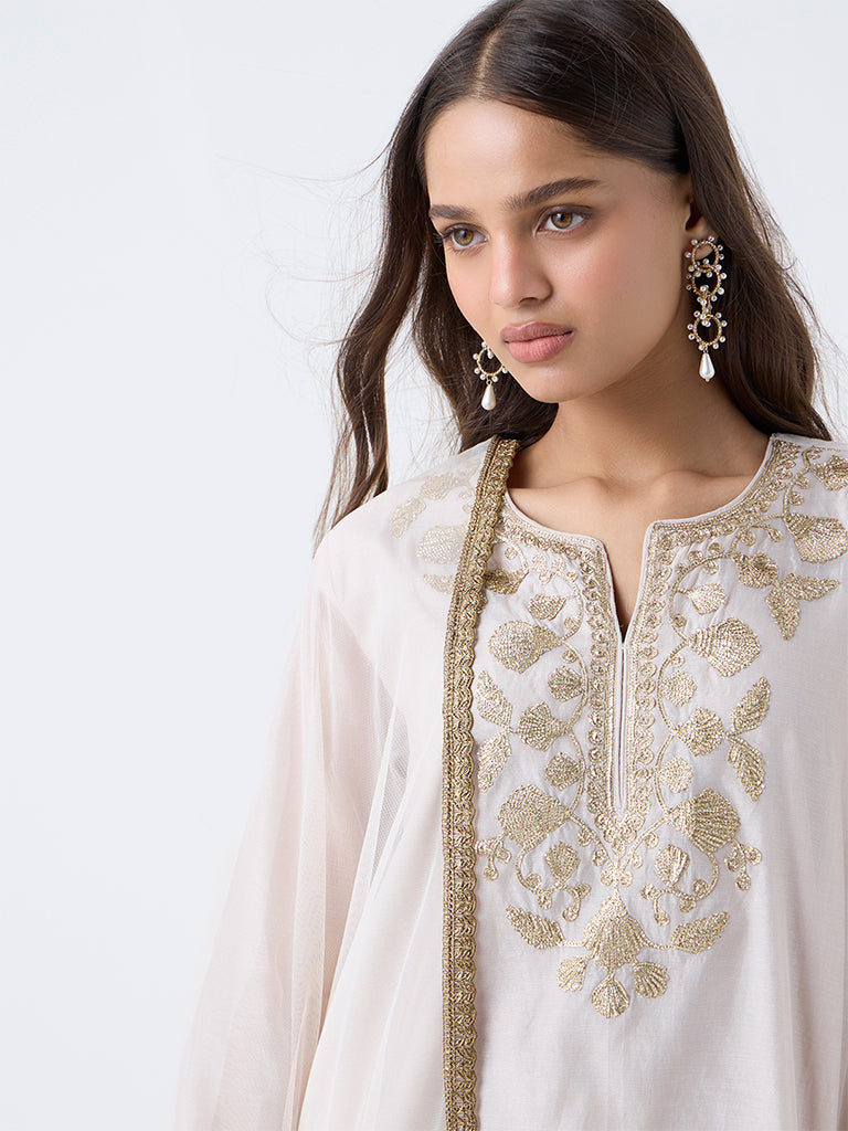 Vark Light Beige Embroidered A-Line Cotton-Blend Ethnic Set