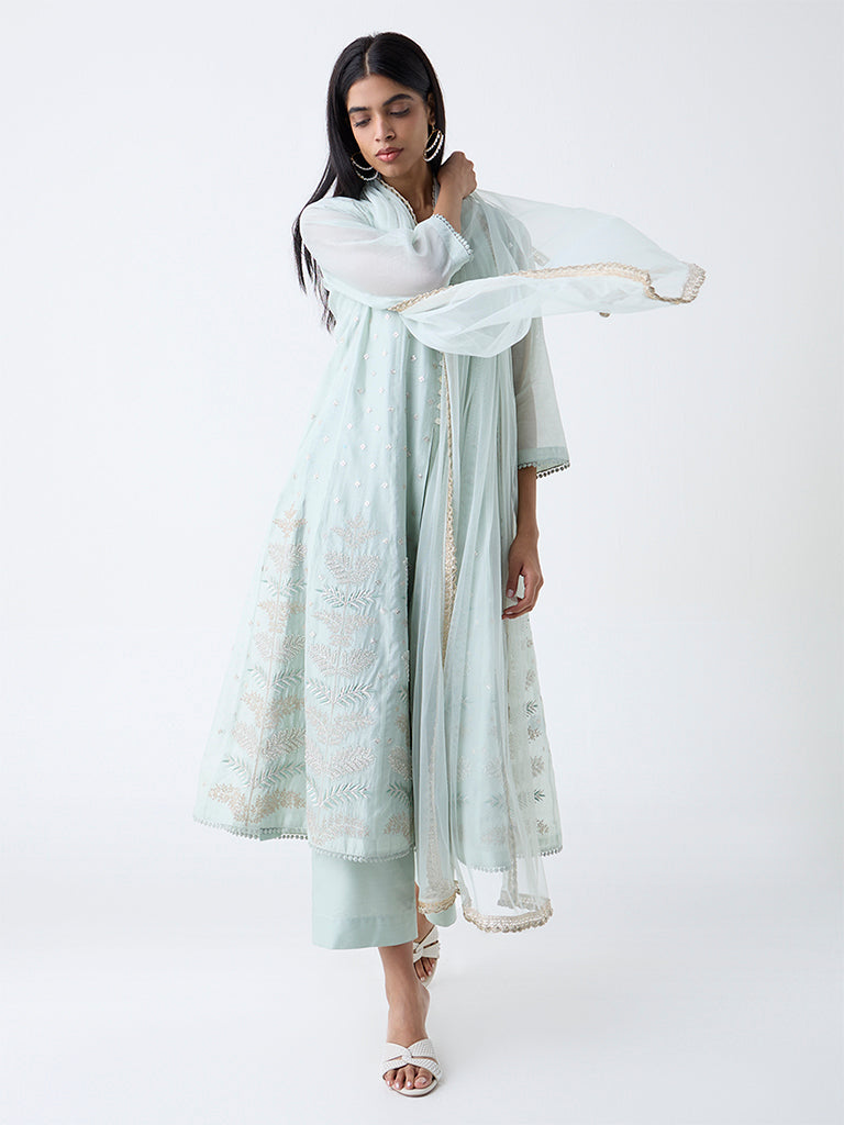 Vark Mint Sequins Embroidered A-Line Ethnic Set