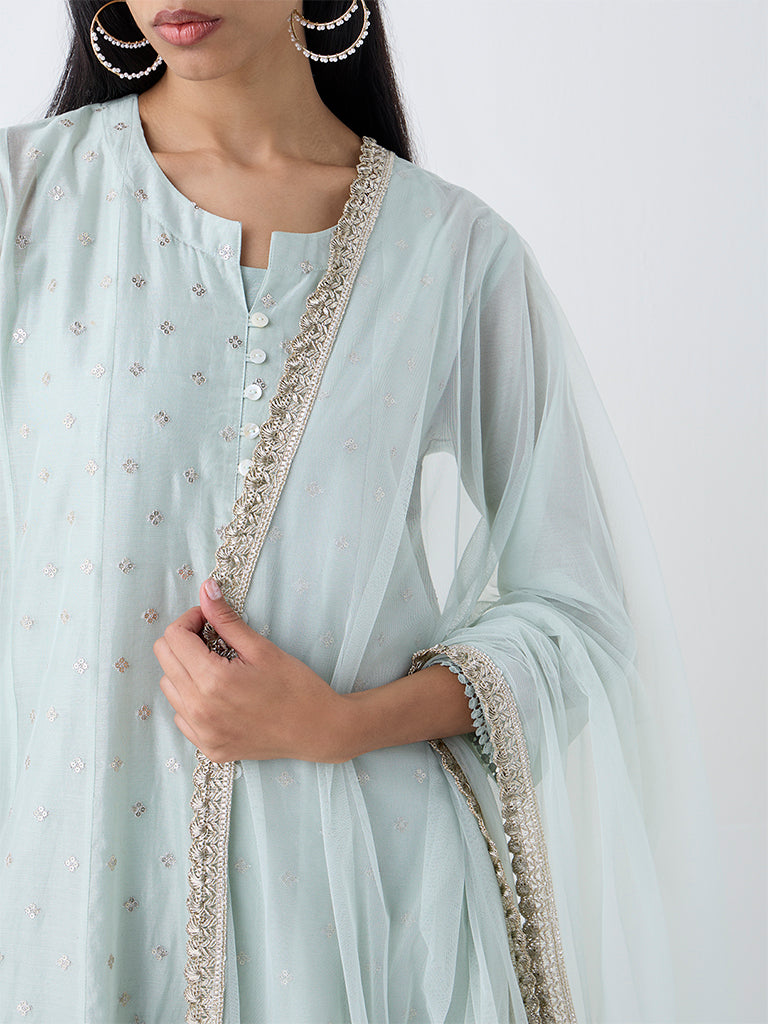Vark Mint Sequins Embroidered A-Line Ethnic Set