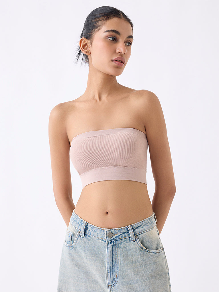 Superstar Beige Ribbed Seam-Free Padded Bandeau Bra