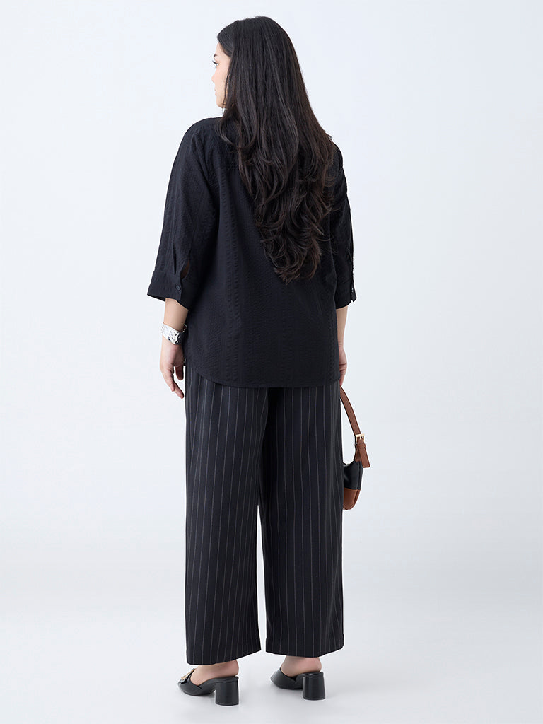 Gia Black Pinstriped High-Rise Trousers with Belt