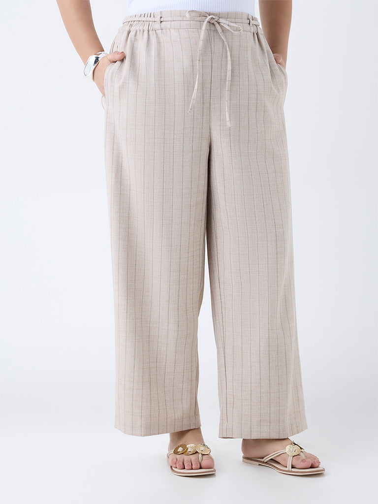 Gia Beige Pinstriped High-Rise Trousers with Belt