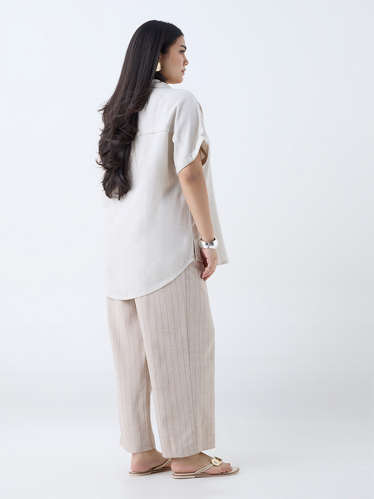Gia Beige Pinstriped High-Rise Trousers with Belt