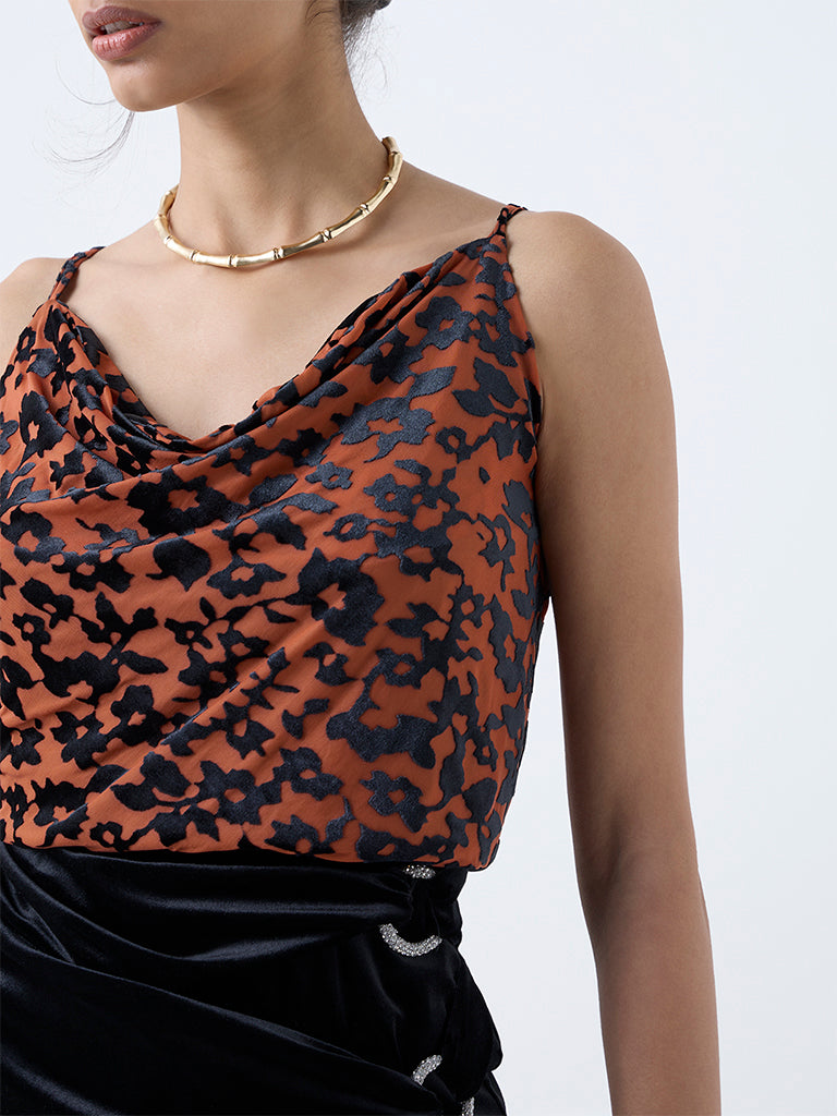 Wardrobe Orange Abstract-Printed Mesh Top