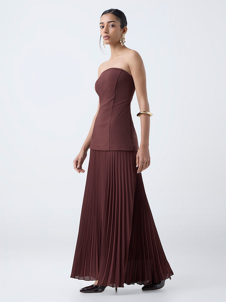 Wardrobe Brown Accordian Pleated Tube Dress