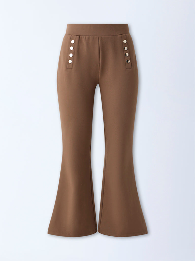 Wardrobe Brown Button-Detailed High-Rise Flared Pants