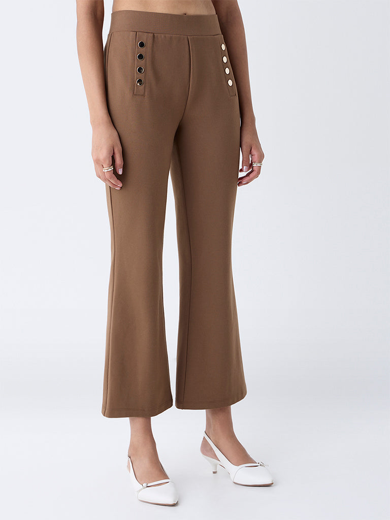Wardrobe Brown Button-Detailed High-Rise Flared Pants