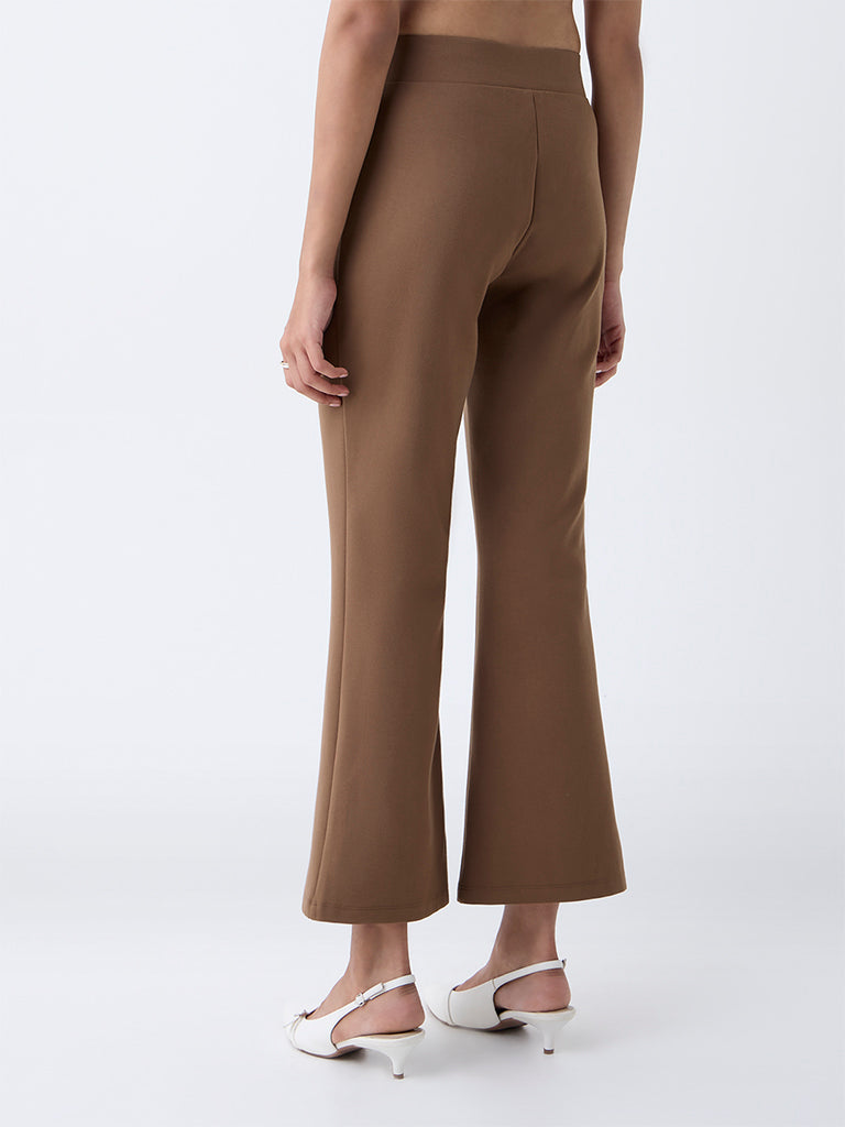 Wardrobe Brown Button-Detailed High-Rise Flared Pants