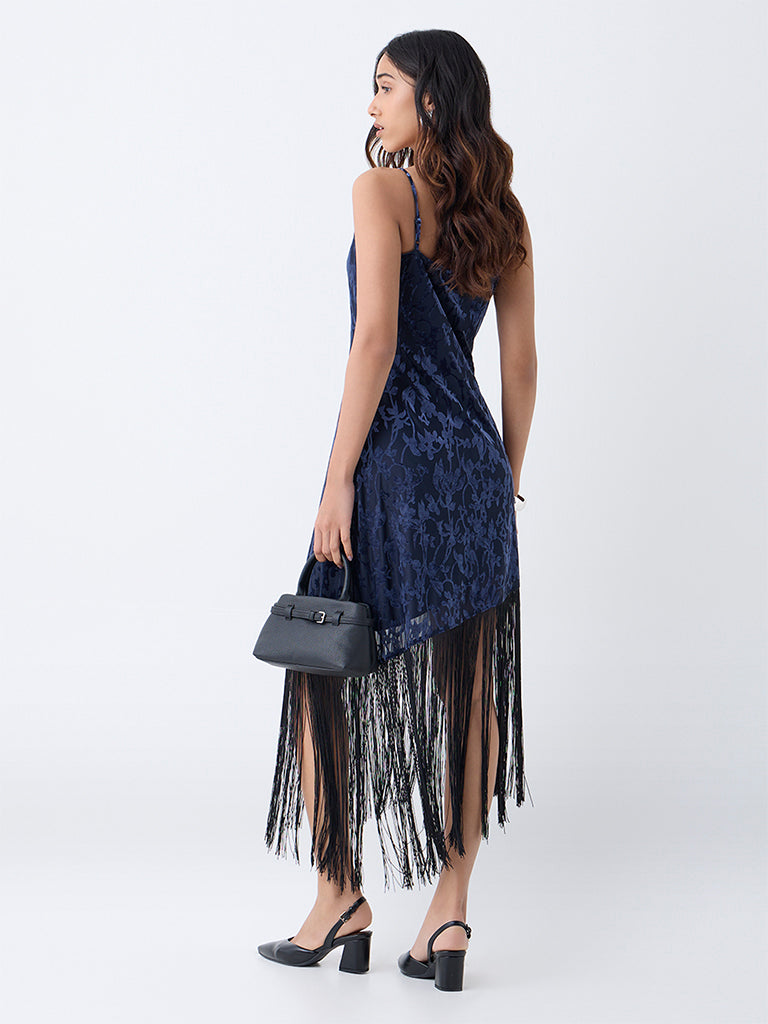 LOV Navy Fringe-Detailed Velvet Bodycon Dress