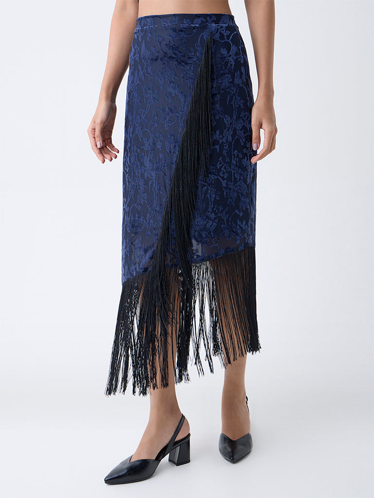 LOV Navy Fringe-Detailed High-Rise Velvet Skirt