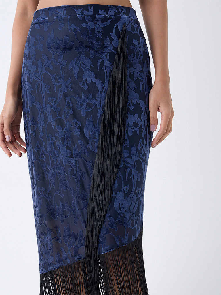 LOV Navy Fringe-Detailed High-Rise Velvet Skirt