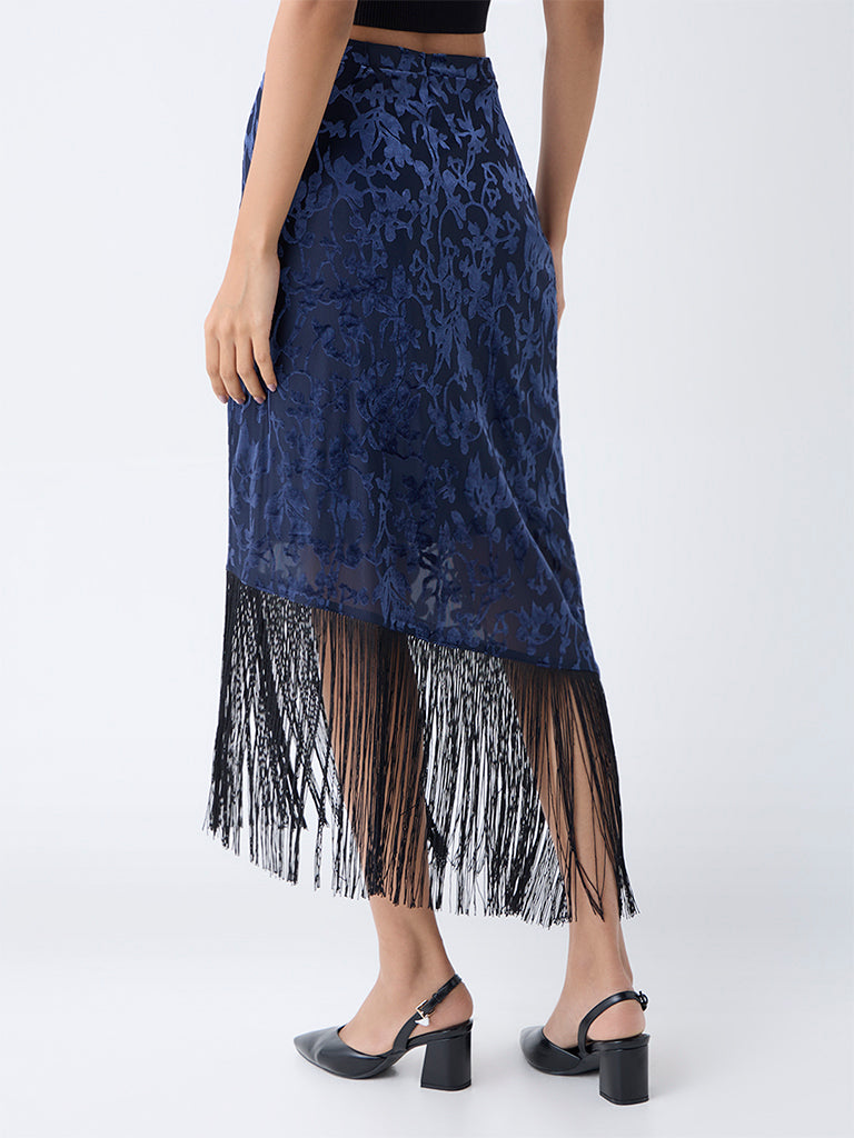 LOV Navy Fringe-Detailed High-Rise Velvet Skirt