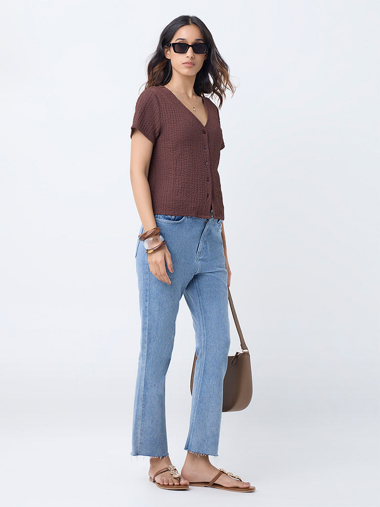 LOV Dark Brown Crinkle-Textured Top