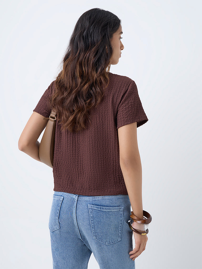 LOV Dark Brown Crinkle-Textured Top