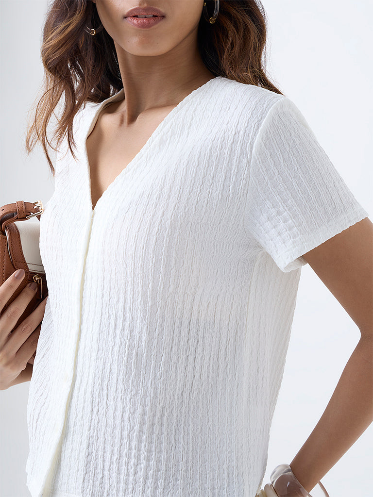 LOV White Crinkle-Textured Top
