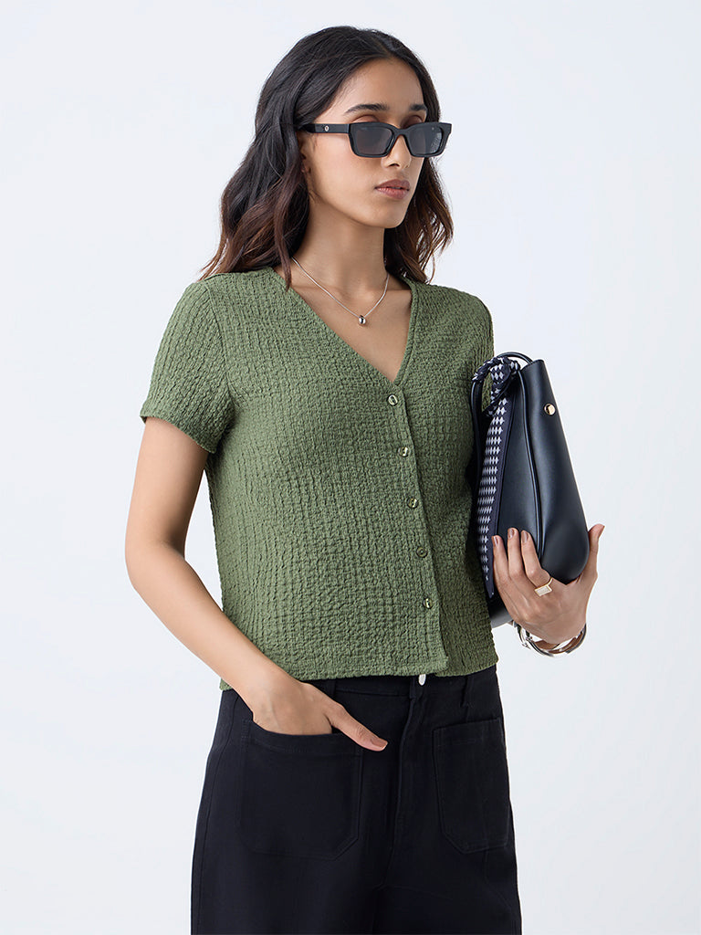 LOV Olive Crinkle-Textured Top
