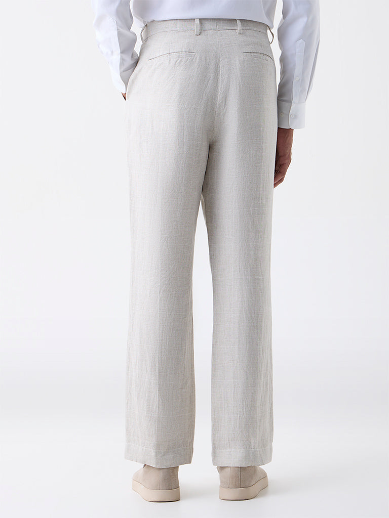 Ascot Beige Checked Relaxed-Fit Mid-Rise Linen Trousers