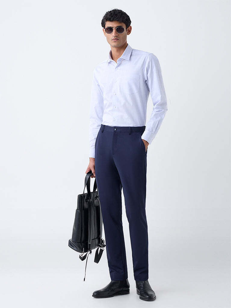 WES Formals Light Grey Checkered Slim-Fit Cotton Shirt