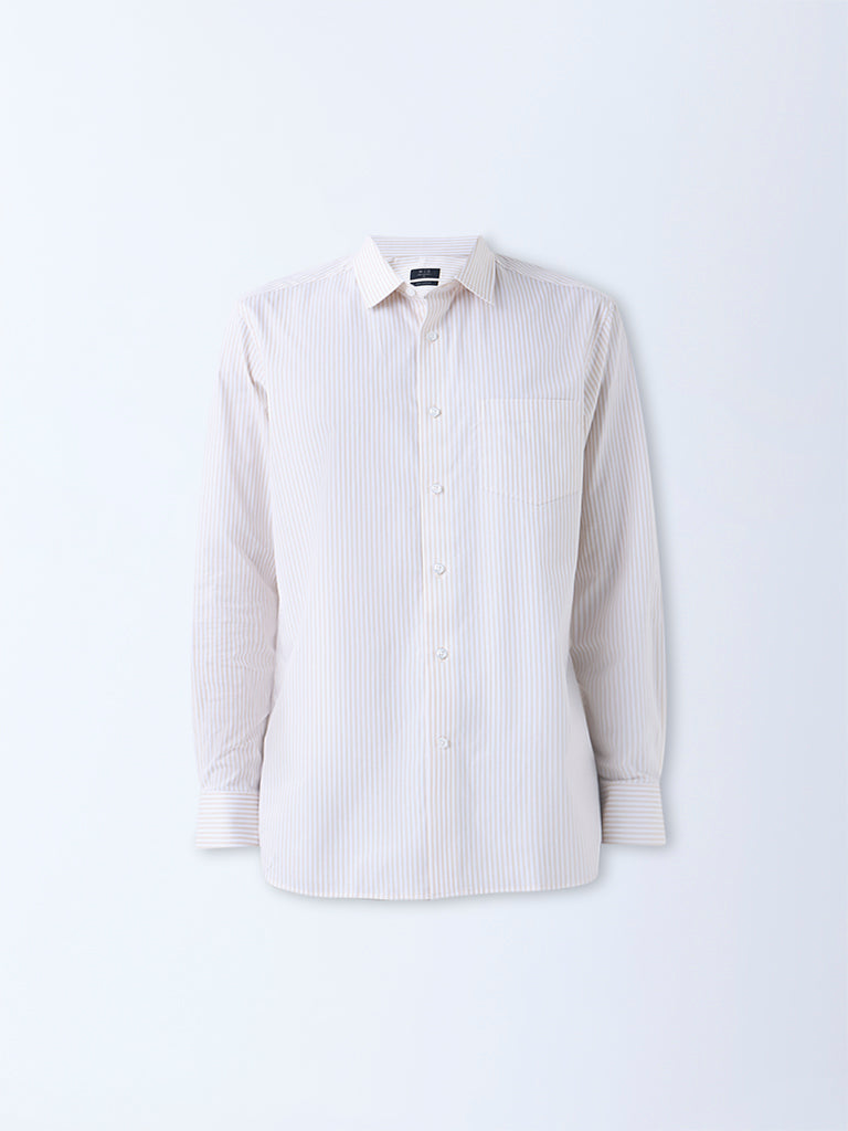 WES Formals Beige Striped Relaxed-Fit Cotton Shirt