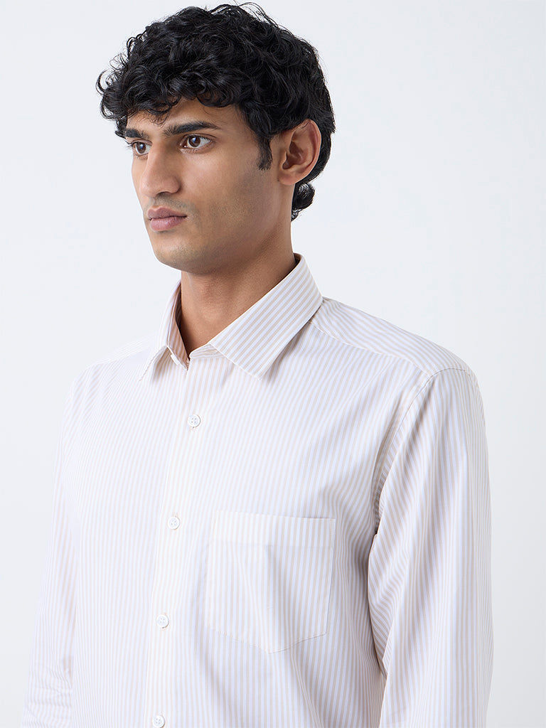WES Formals Beige Striped Relaxed-Fit Cotton Shirt