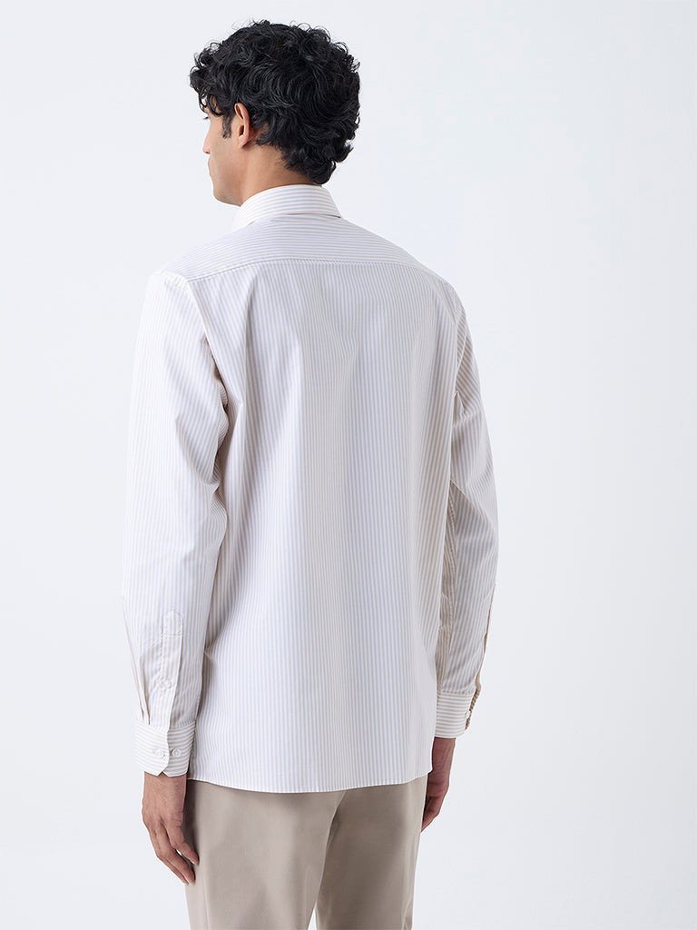 WES Formals Beige Striped Relaxed-Fit Cotton Shirt