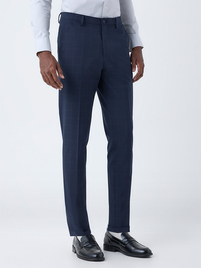 WES Formals Navy Checks Pattern Slim-Fit Mid-Rise Trousers