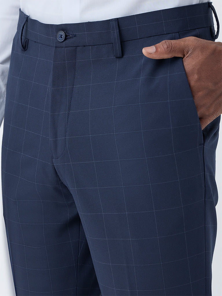 WES Formals Navy Checks Pattern Slim-Fit Mid-Rise Trousers