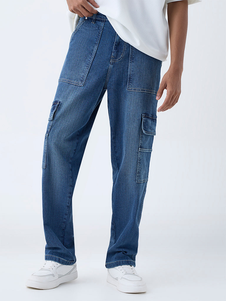 Nuon Dark Blue Washed Relaxed-Fit Mid-Rise Jeans