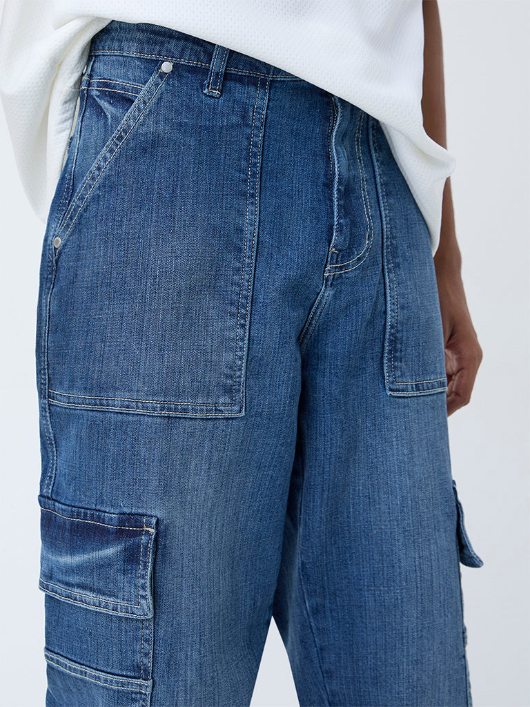Nuon Dark Blue Washed Relaxed-Fit Mid-Rise Jeans